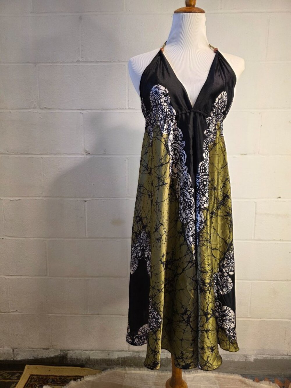 y2k Hippie Boho Western Coastal Beachy Green, Black, White Strappy Midi Dress